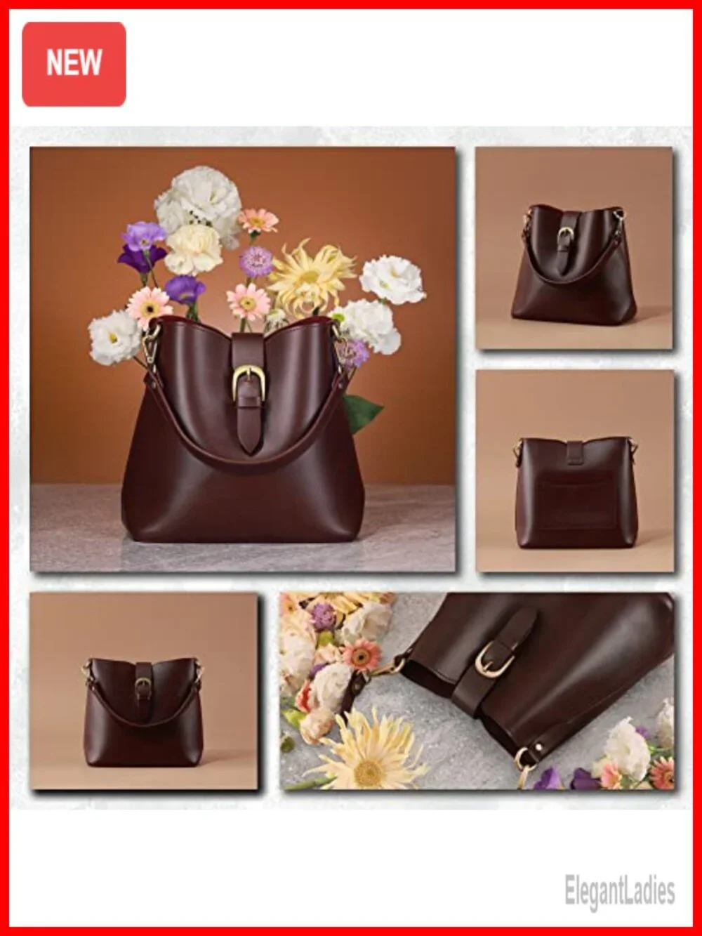Vegan Leather Bucket Bag with Removable Pouch and Adjustable Strap